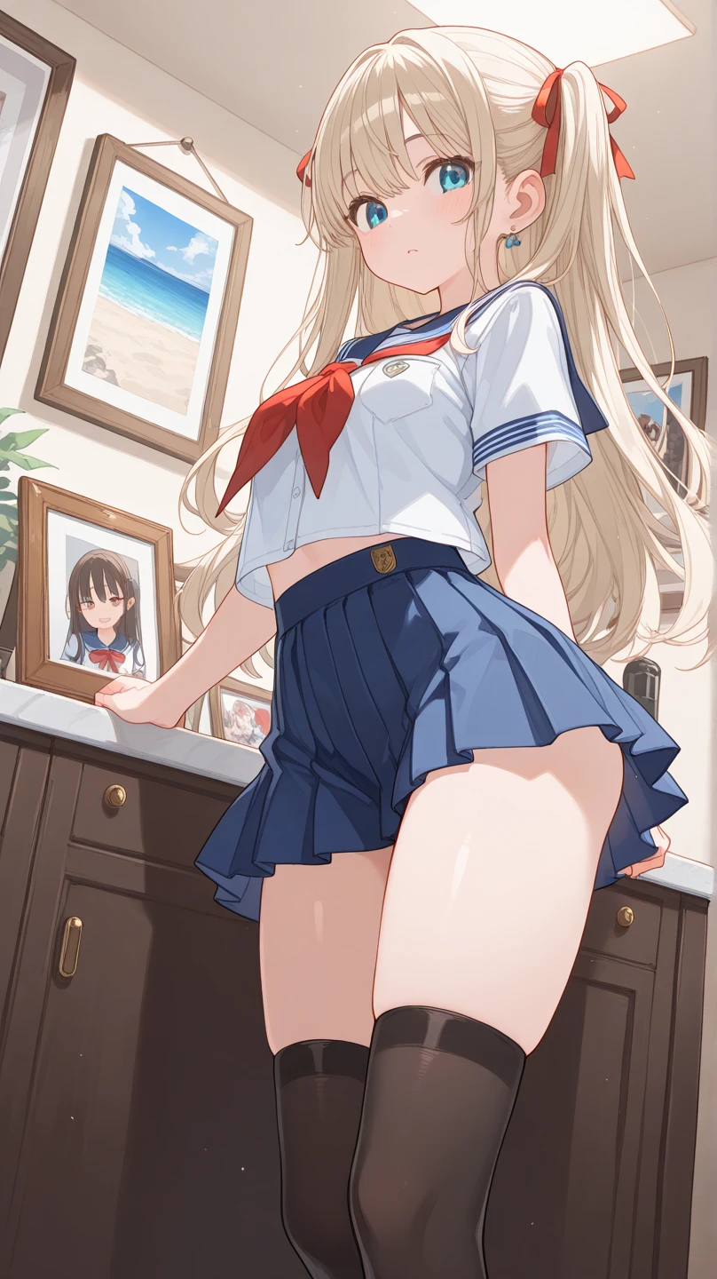 highest quality、High resolution、detailed background、Beautiful and dense face、beautiful and smooth skin、skin texture、professional lighting、beautiful teenage girl、(two beautiful girls)、(huge breasts:1.1)、cute sailor suit、cute white sailor collar、Pleated mini skirt with tartan plaid pattern、ponytail、cute hairstyle、knee high socks、high socks、petticoat、white panties、cute colored panties、In the classroom、
Skirt underneath, Skirt underneath (close-up underwear from below), from below, Are standing, butt focus, cold eyes, sexual expression、underboob、panty shot、cameltoe