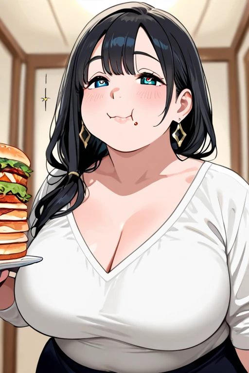 ((Masterpiece)), perfect anatomy, perfect shading, field of depth, (best quality), extremely delicate and beautiful, perfect lighting, detailed face, ultra cute face, cute, ((1girl)), ((solo))

long fluffy black hair, glasses, green eyes, ((blush)), nervous, spoken heart, looking at viewer, sweater, short skirt, large breasts, ((thick thighs)), (wide hips), ((plump)),

intricate background, detailed background, fast food restaurant,
