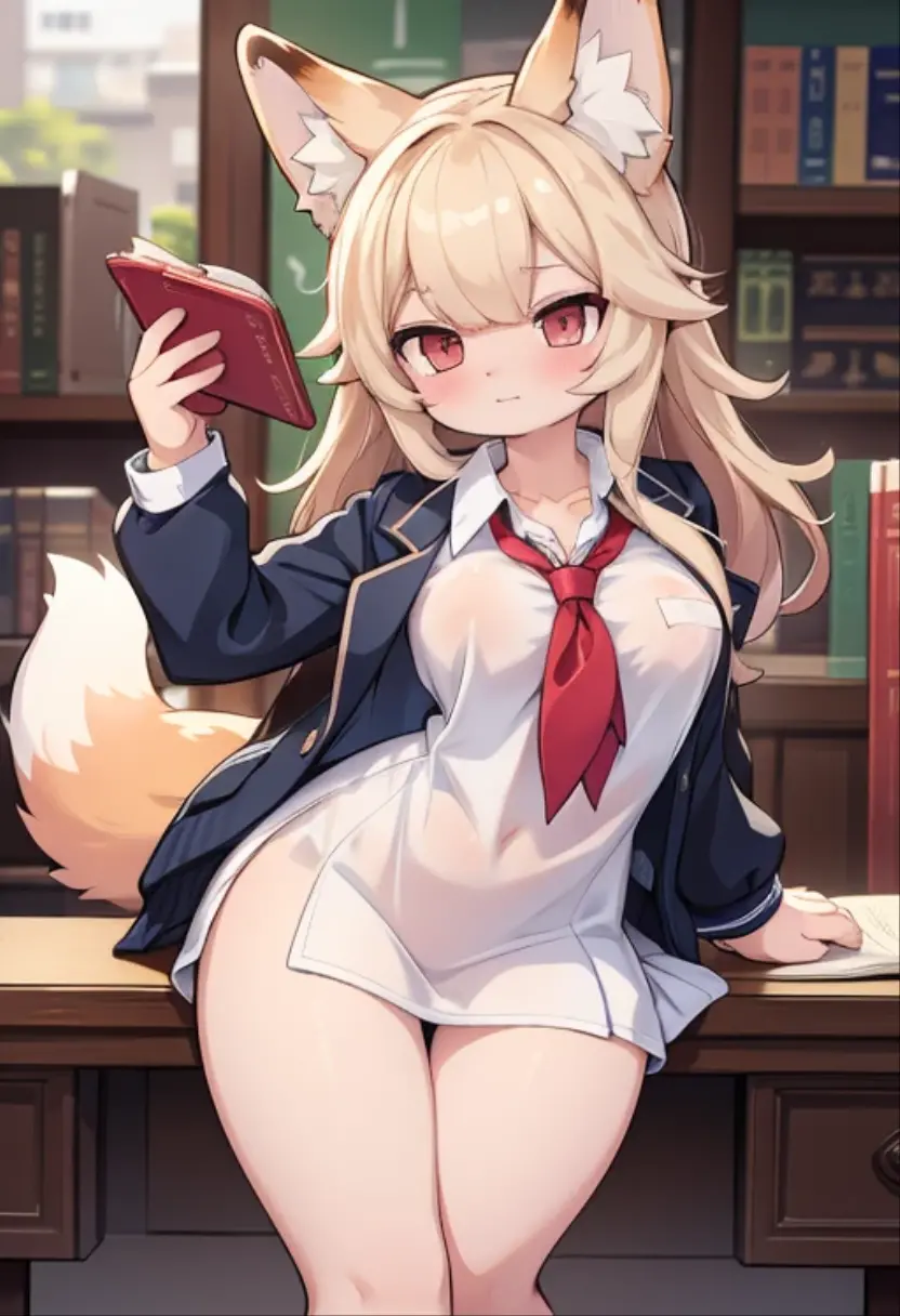Sexy Fox Girl. In a Library. Wearing a school uniform. NSFW