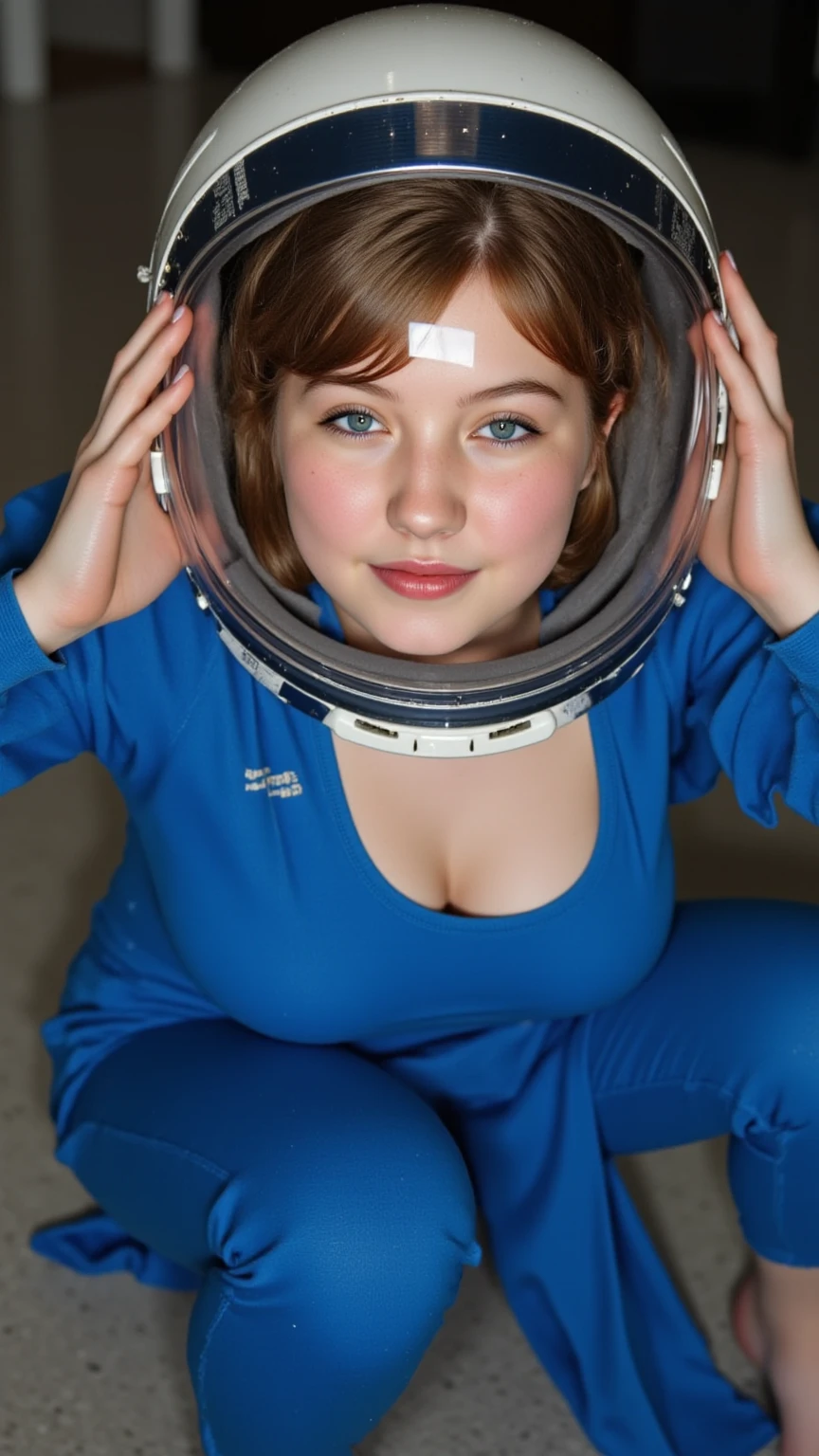 A young looking Helen Skelton, floating in zero gravity, smiling, moist skin, full figure, naked, erect nipples, wearing bulky spacesuit helmet, pierced navel, legs open, stroking her wet cameltoe, realistic NASA spacesuit and helmet, blonde hair floating, very small girlish breasts, tiny breasts, onboard space station, Earth outside, sunbeam shining in through round viewport, floating tools, floating papers, dramatic light, deep shadows