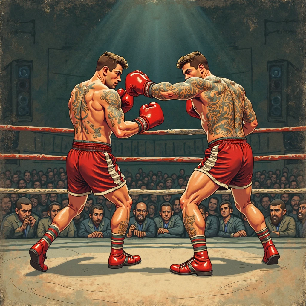 Illustration in Leyendecker style: Christopher Egan, 22 years , plays a muscular boxer in the ring. Wearing only red panties, big dick, boner, bulge in panties