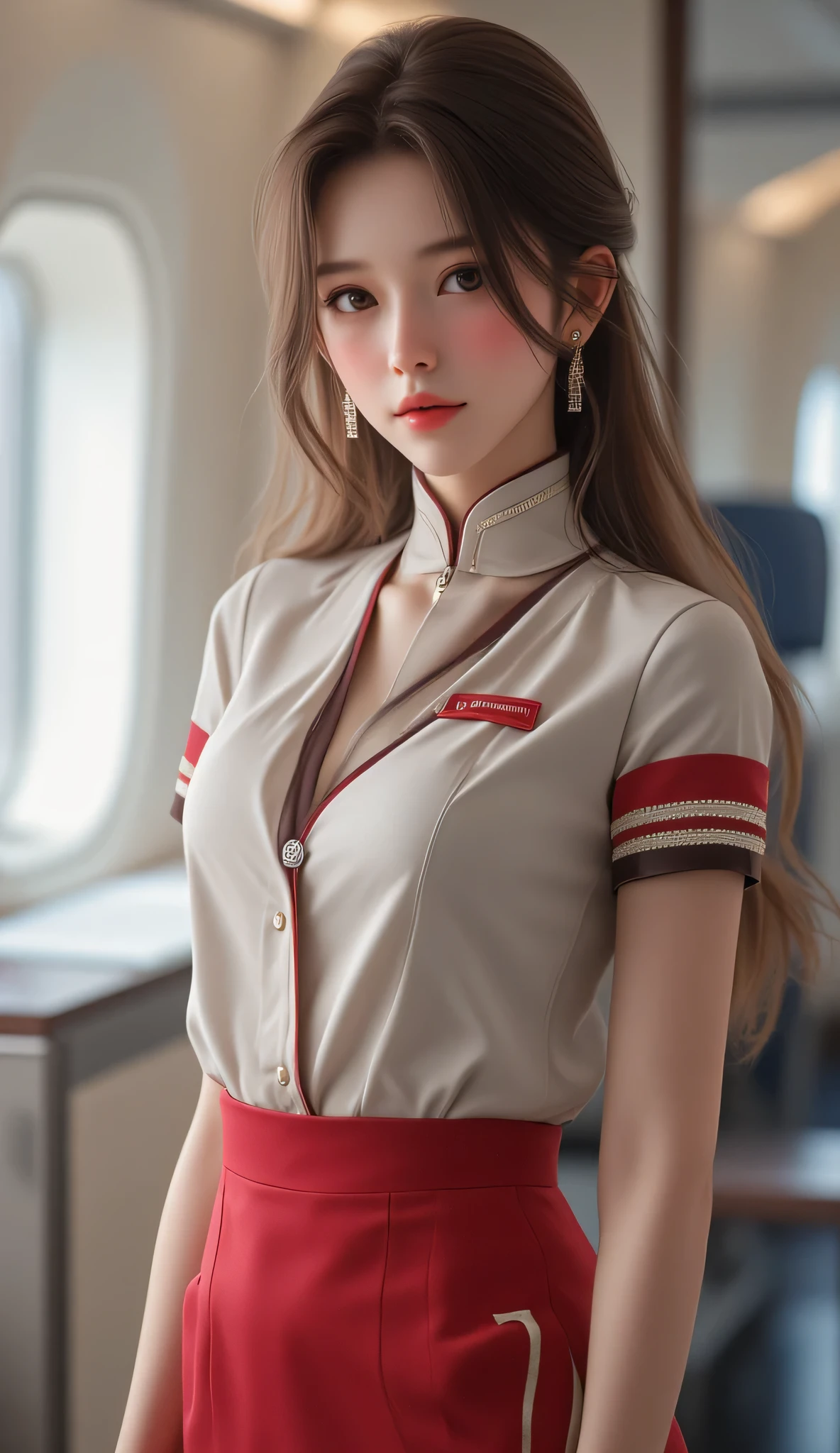 Glowing Skin, Moisturizing lips, Highly detailed skin, (Beautiful face and eyes in every detail:1.2、Professional photography techniques), One person、Slender body line、Beautiful breasts、((Tight waist:1.2))、Small beautiful butt、Thin thighs、Slim Belly、sexy、Cute Face、Beautiful Eyes、Spotlight, Professional Lighting, (Upper Body:0.6), (((Sichuan Airlines stewardess:1.3、Red Uniform:1.2))), White apron with panda pattern, ((Chinese Beauty, Sichuan Beauty:1.2, Baby Face:1.2, Idol Face)), Beautiful white skin, Highest quality、Highest quality、Masterpiece、Ultra-detailed、Realistic:1.37、The right move、Beautiful Hair、Short Hair、Perfect Anatomy