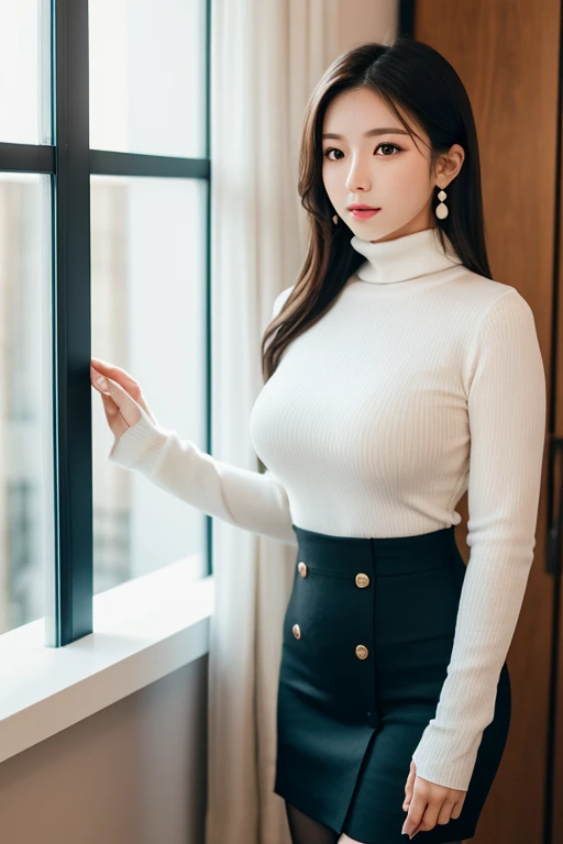 ((masterpiece))、((top-quality))、a picture、Realisticity、Advanced depth of field、ultra-detailliert、Realistic lighting、s Office、morning、Light pink high neck shirt、Black tight mini skirt、(Stand in a well-lit area on the windowsill)、a secretary、age 30s、Delicate facial features、Realistic backgrounds and accessories、large boob、Breast bulge、plump thighs、Sensual smile、serious facial expression、Appeal、