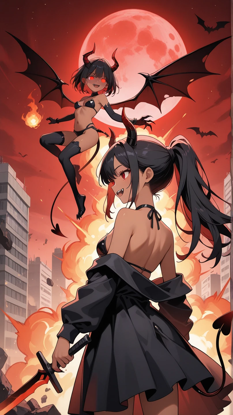 1girl,adult,fit,30s,sensual,black armor,cleavage,pointy ears,black hair,long hair,(((red skin,colored skin))),night,moon,flying,evil smile,dynamic pose, horns,fire magic,attacking