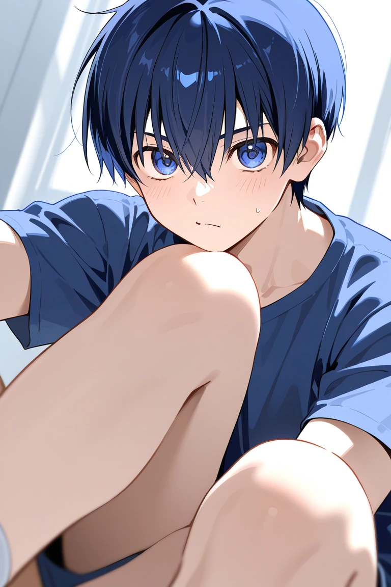 #composition (Low angle,worms-eye-view,There was a boy.), #person (A 14-year-old boy,Small but cute boy、Bullish personality、honor student、Good impression、Boy's hand、Knees、The thighs of a 14 year old boy、Big breasts Thin waist,Sweaty), #Boy facial (Big drooping eyes、Strong-willed、Serious eyes、blue color eyes), #Boy's hair (His hair is jet black. He has short, Straight hair,Hairstyle is natural and neat,M-shaped bangs.), #Boy cloth (He had on his upper body,He wears a pair of black shorts on his lower body.), #Boy's background (Blue background,White sheets), #Boy's pose (He sat flat,A hand caressed his abdomen,wide open thighs,Postural instability), #Boy's emotions (Shy,is shy)