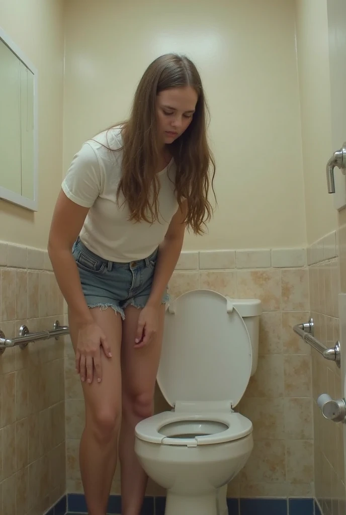 A beautiful girl with gorgeous brown hair is bursting to pee at the school bathroom.