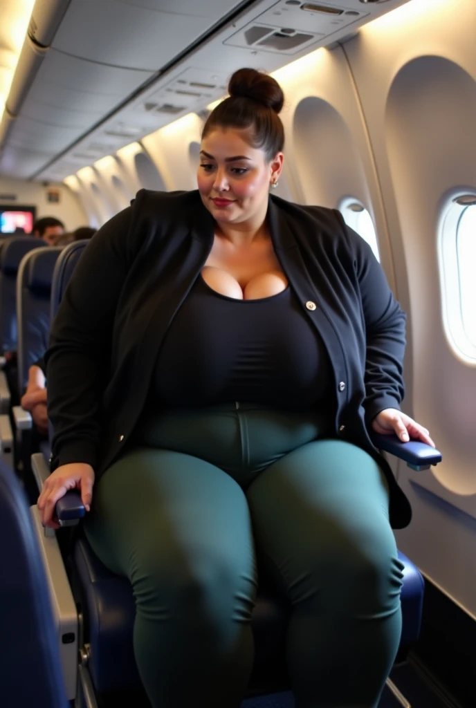 1 beautiful woman, large body, closed eyes, cleavage, made-up eyelids, medium earrings, short Afro hair, mint green dress, black jacket over the dress, sandals, large turquoise bag, long eyelashes, full lips, open mouth, head resting on the seat, sleeping lying on the train
