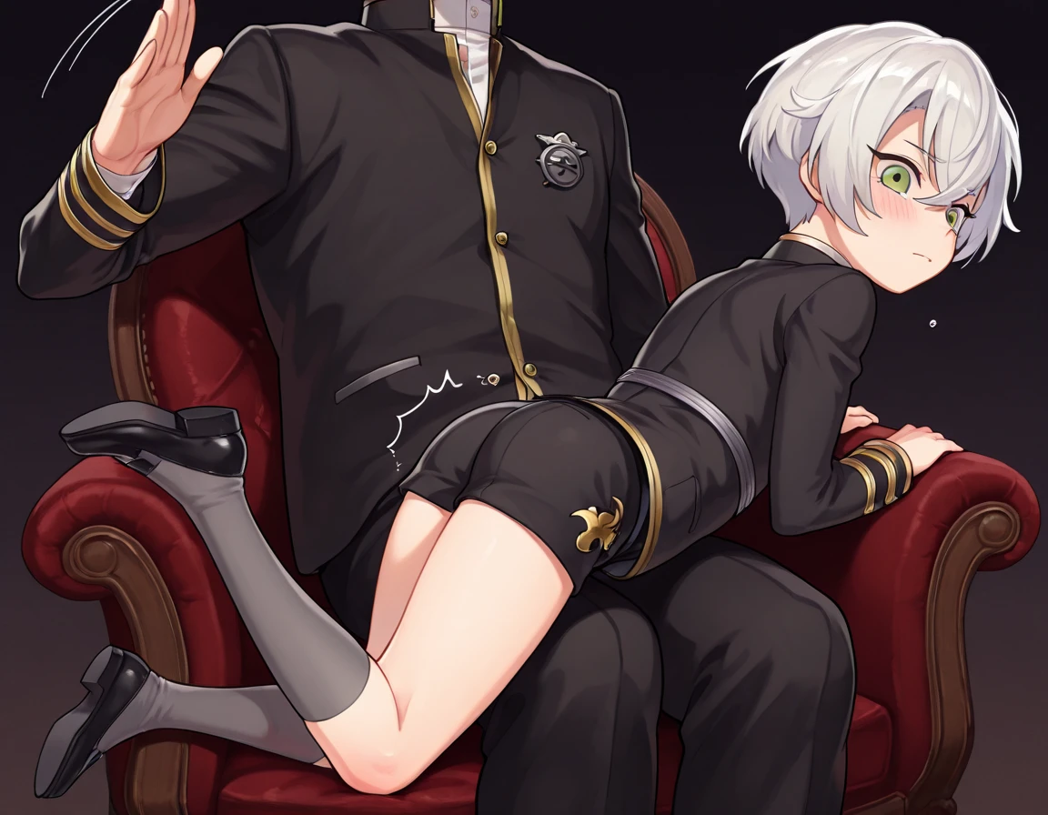 A she-devil with white hair and red eyes, slanted white skin, a long-sleeved silk shirt with black white stripes, gigantic breasts and a big ass with small red horns, blushing with a tree house background and with a black-haired teenage boy. man having anal sex with the demon
