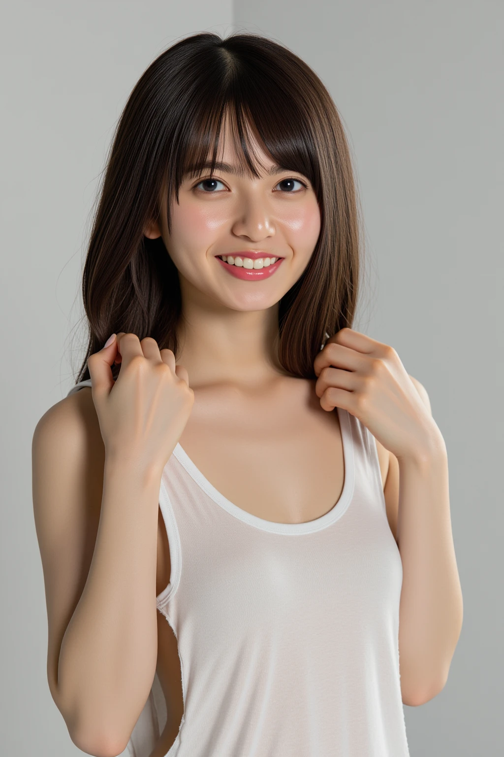upper body, flat chest, (arms behind back:1.1), make up, sport-bra, smile, long hair