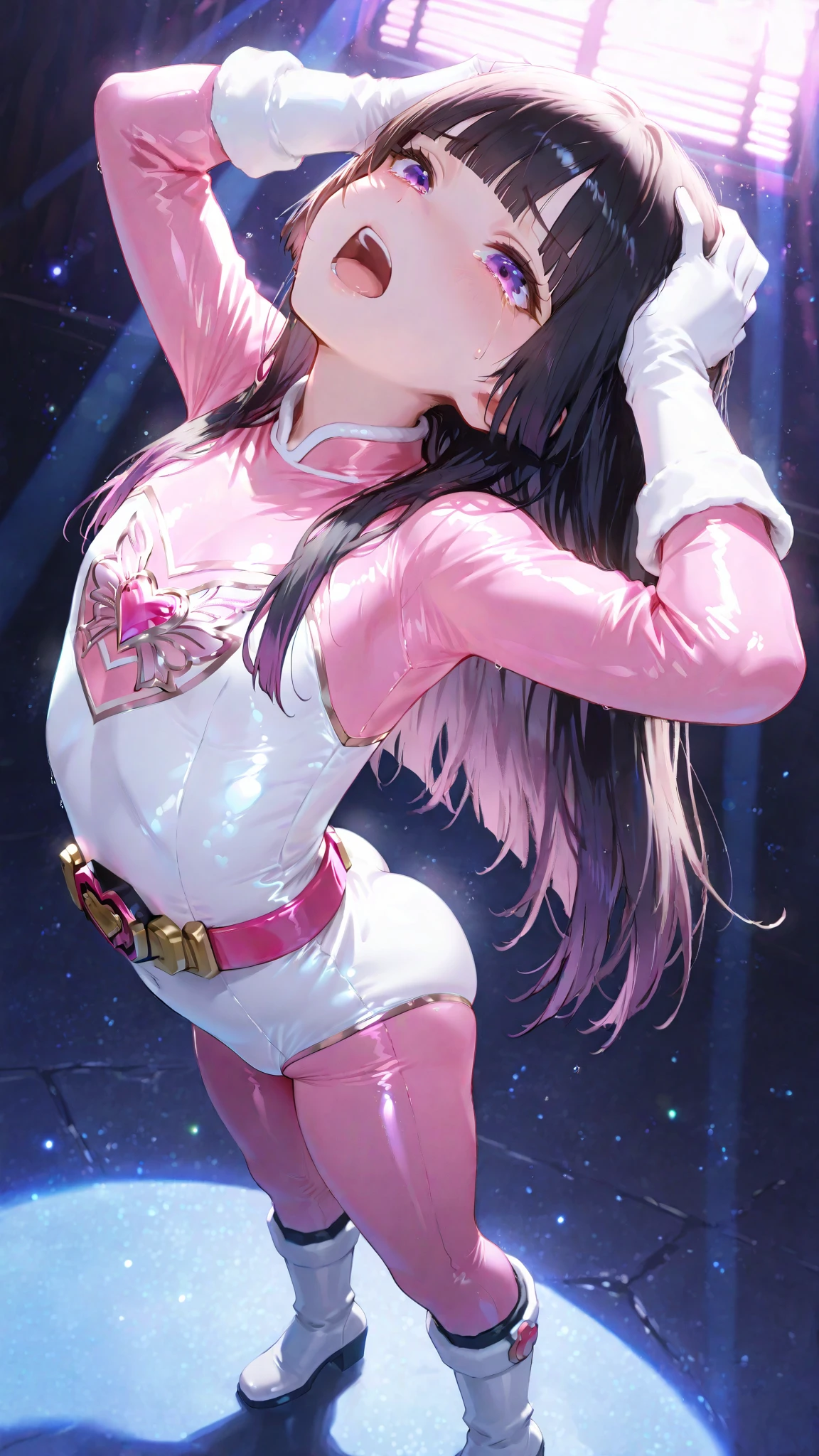 A cute and mysterious idol girl、whole body、Good style、、、、、、、、、、Thick legs、、Fluorescent pink and white armored priest outfit、Neat and clean idol face、、、