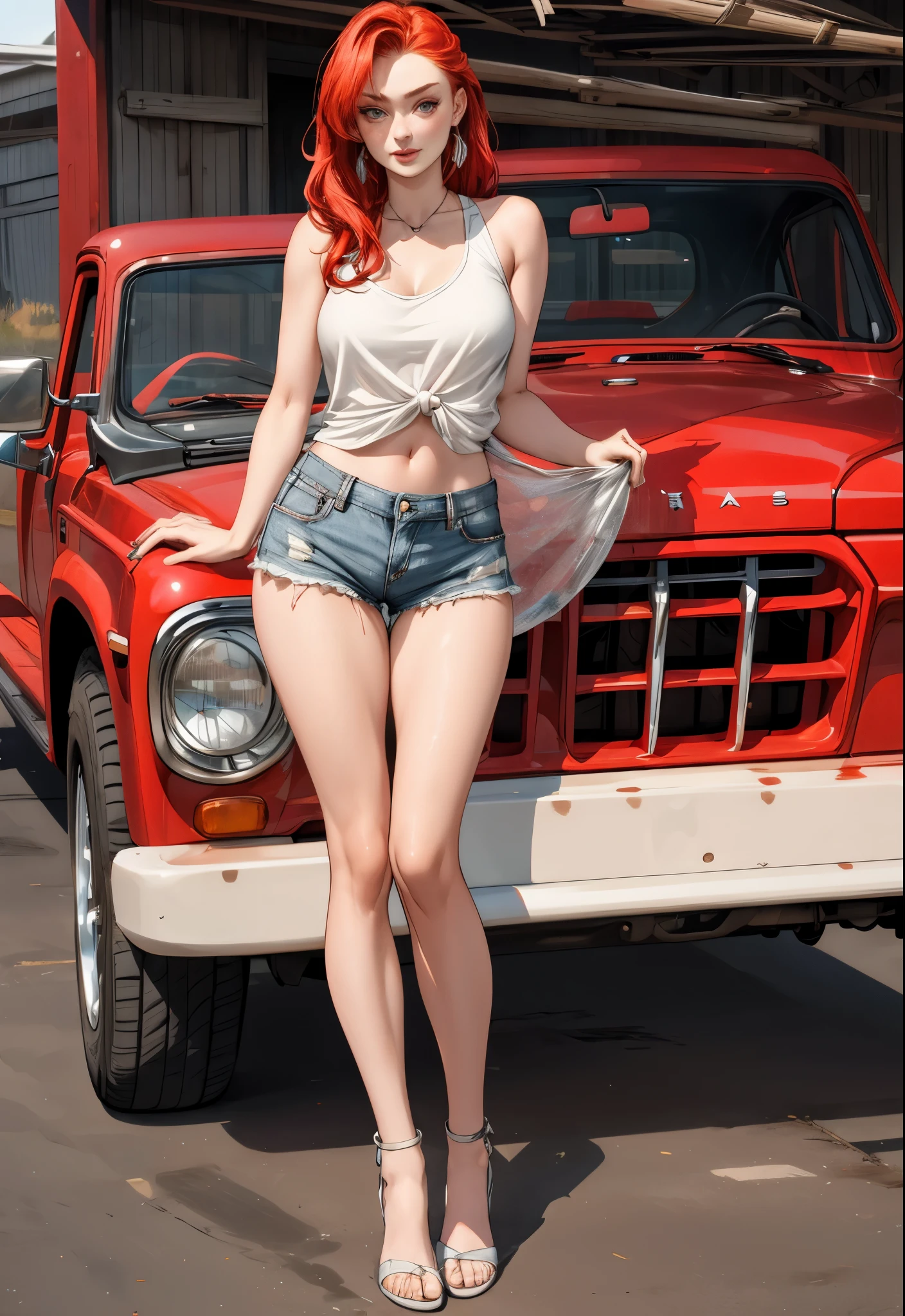 Woman in shorts and tank top standing next to a red truck, Daisy Duques, Sophie turner, Diosa rubia, chica sexy con pantalones cortos, Cuerpo de pinup, Modelo Pinup, better known as amouranth, frente a un garaje, Alexa Gracia, joven hermosa Amouranth, sexy girl, Forma perfecta, cuerpo perfecto, luciendo caliente