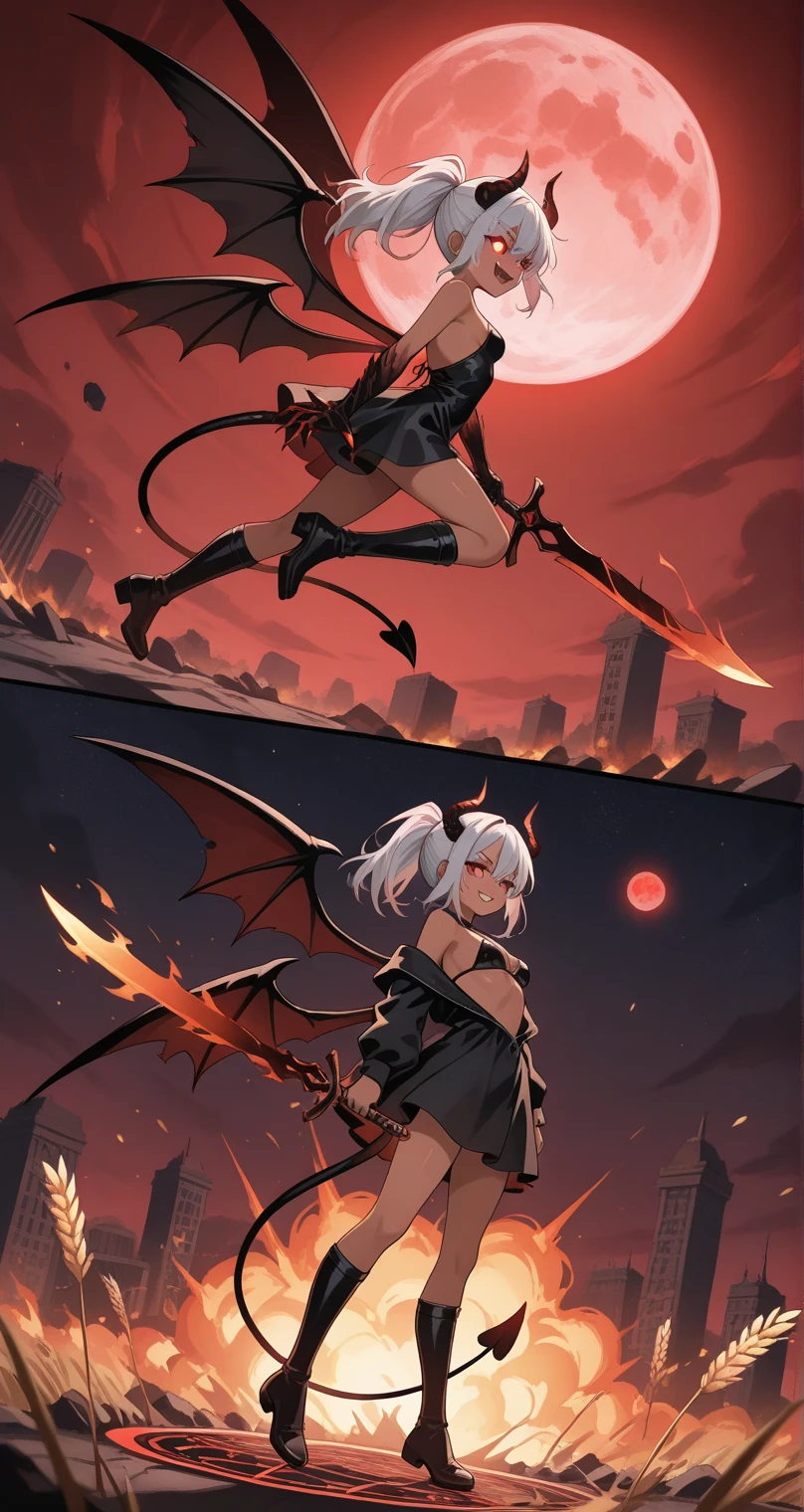 8K, 1girl, petit, adult. kawaii vampire, crimson hair, short hair, red eyes, fang, bat wings, smile, (blush), (shy), pointed ears, looking at viewer, dynamic angle, wind, game cg, fantastic scenery, devil tail, demon tail, thin tail, black horns, medium breast, show full body, class uniform, bulge, show ass, tentacles