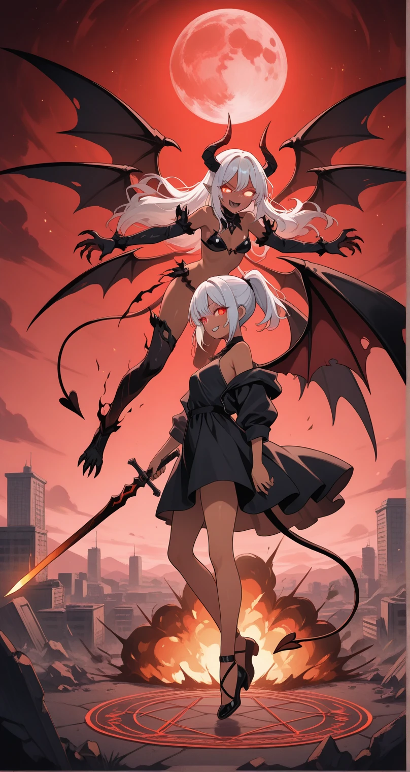 (Black and white Anime Line Art),(black and white), (extreme complexity, two subjects unique and individual) (subject 1:A sexy Demonette (demon, big breasts, no hair many small horns instead, demon eyes, leathery wings, many fierce evil body tattoos, small evil costume, looks unhinged, wielding a evil sword)) is challenging a (subject 2: Japanese Ninja woman (big butt, small breasts, sailor school outfit with mystic trinkets, short hair, big eyes, calm and composed)), set in a high school building