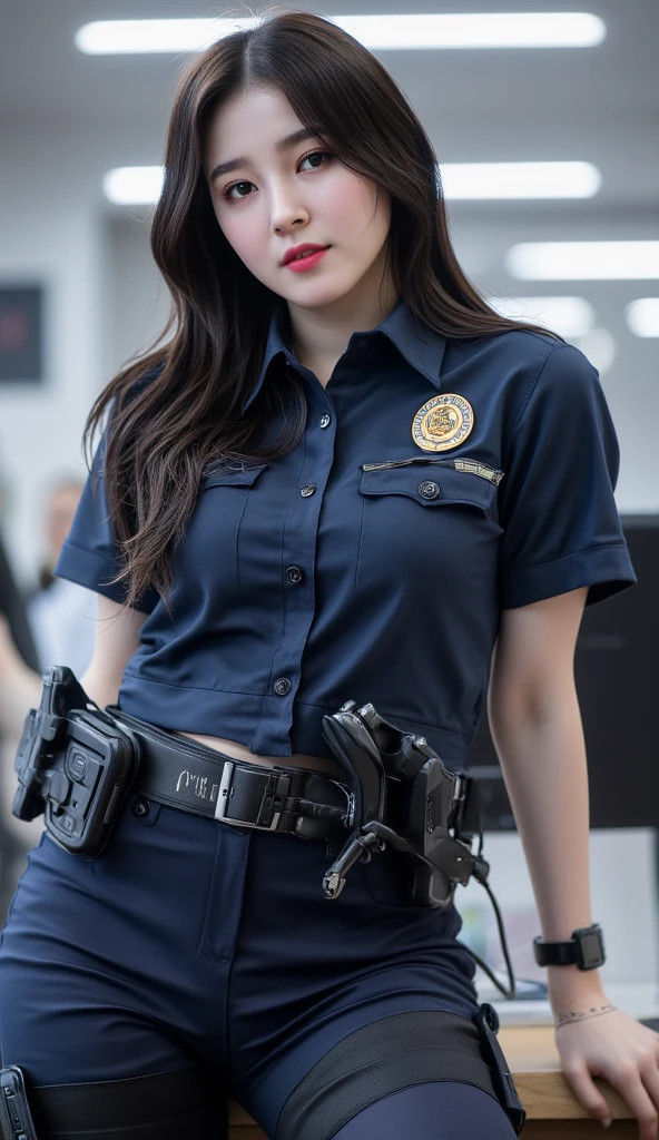Highest image quality, outstanding details, ultra-high resolution, (realism: 1.4), ((middle shot:0.75)), highly condensed 1lady, with beautiful and a delicate face, perfect proportion, (chubby:0.3, small breasts), (wearing police uniform), background simple grey wall,