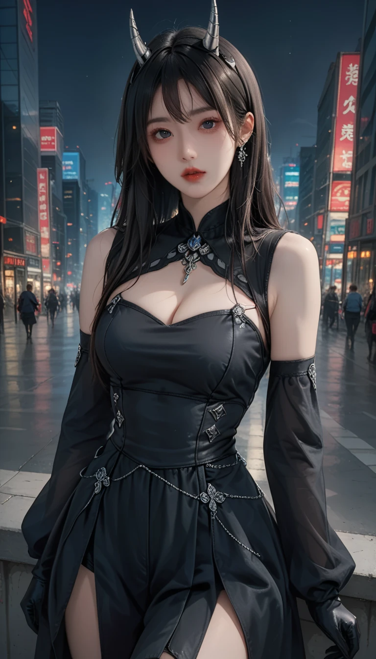 (Girl in a semi-transparent one-shoulder black miniskirt dress), (photo realistic:1.4), (hyper realistic:1.4), (realistic:1.3), (smoother lighting:1.05), (increase cinematic lighting quality:0.9),. 32K, 1girl,20yo girl, realistic lighting, backlight, light on face, ray trace, (brightening light:1. 2), (increase image quality:1.4), (highest quality realistic textured skin:1. 4),(Big Blue Eyes)、Detailed drawn eyes、Detailed painted face、Fine textured eyes、(tired、sleepy、satisfaction:0.0)、Close-up of face、A shirt that shows off a lot of cleavage、(Accentuates the body line:1.1)、(Beautiful textured skin:1.1)、、(Red petals are flying)、accent
