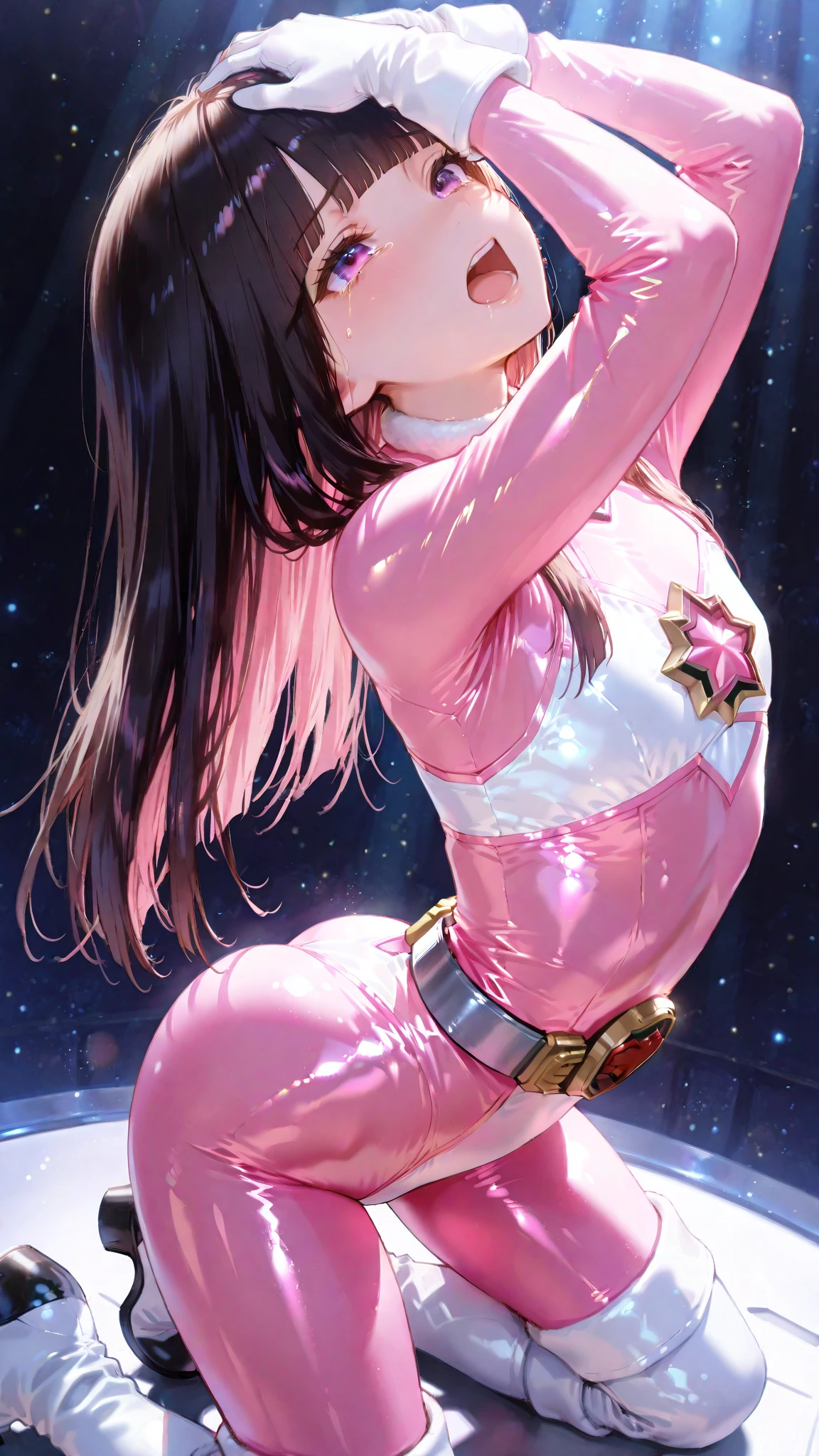 {{{{amazing quality, great quality, high quality, very aesthetic, aesthetic, best quality}}}}, 
realistic, photo, shadow, Three-dimensional, absurdres, Digital art, 
{{{{Magical girl}}}}, beautiful girl, one girl, 
black hair, long straight hair, hair, trimmed hair, shiny hair, blunt bangs, short sideburns, 
brown eyes, tareme, 
{{flat chest}}, {{small breasts}}, {{detailed body}}, slim thighs, thin thighs, 
{{transparent pink slime leotard}, {leotard peek}}, {{pink sailor collar}}, {{pink elbow_gloves}}, {{red boots}}, 
ribbon trim, red bow tie, heart brooch, thigh strap, white headband, white circlet, white cloak, 
{{both shoulders expose}}, {{covered navel}}, 
{{magic circle}}, transparent pink slime clings to the girl's chest, transparent pink slime clings to the girl's crotch, Transparent pink slime covers the girl's breasts, Transparent pink slime covers the girl's crotch, distress, resistance, defeat, inferiority, absurdres, sexual pleasure, troubled face, shy, orgasm, sensitive body, Sweat, trembling, melted leotard, torn leotard, transparent leotard, damaged leotard, transparent pink slime wear slime, half-naked, Completely nude, 