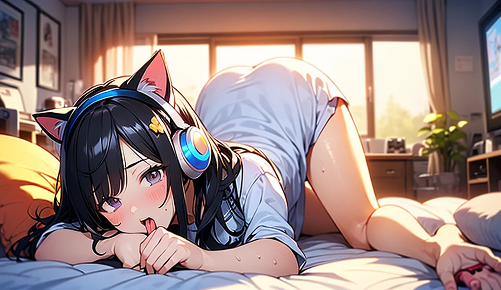 beautiful woman, (big breasts:1.3), side view, open printed shirt, fair abs, fair ribcage, wolf ears, sleepy, laying sideways on the sofa at the living room watching tv, luxury apartment, anime illustration, photorealistic, fantasy, comic, manga, slim fit, perfect body proportions with generous curves