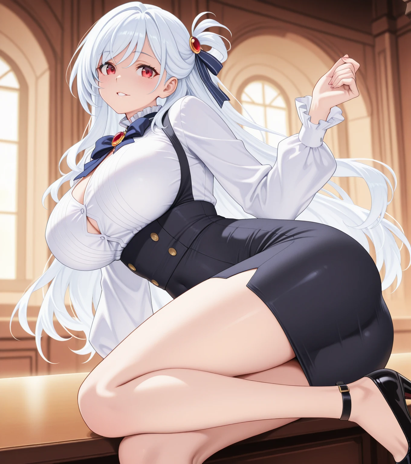 (best quality, 8k, 32k, masterpiece, Ultra HD:1.3), (Photos of attractive Japanese women), ((1 girl)), ((Mid-chest:1.3)), Abdominal muscles, Perfect body, Extremely detailed face, Delicate lips, Beautiful eyes, Double eyelids, ((milf)) Sexy Girls, beautiful girl, Stunning beauty, (Silver long hair:1.2)), Office female staff, ((Sophisticated white sweater:1.3)), ((Close contact with the face)), A big smile, The sun illuminated her beautiful face, Grey suit jacket, Early morning in the dressing room, wear glasses, Arms Crossed, (Black Blazer)Beautiful breasts、Huge breasts:1.4,plump breasts(Not wearing), (wet), (Bend and take off), ((wet hair)),blush, (Legs open)