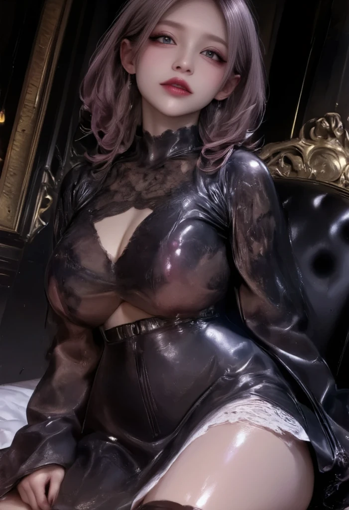 ((((masterpiece, best quality, high resolution)))), Extremely detailed 8K, Beautiful girl with slender body, (Ultra HD, Ultra-detailed, Highly detailed, Highly realistic, Ultra-realistic, photograph realistic), (1girl:1.5), (Realistic dark hair), short wavy hair, bob cut, (dynamic poses), facing at camera, light smile, (beautiful detailed face, beautiful detailed eyes), wide hips, (large breasts: 1.2), (huge breasts: 1.2), earrings, naked, sweat, (nsfw:1.5), (after sex:1.4), (creampie:1.4)