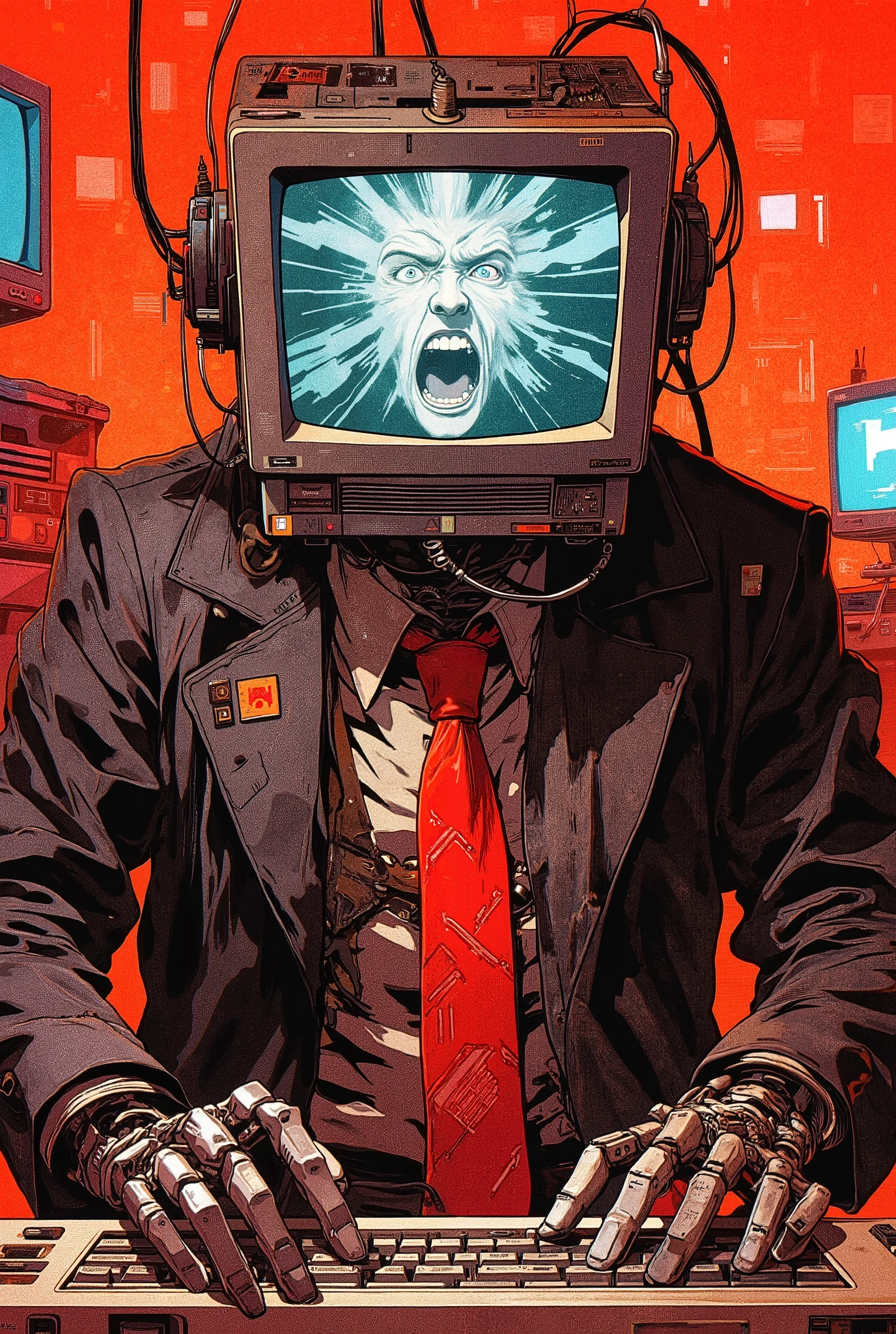 A mechanical humanoid figure with a large outdated computer monitor instead of a head.A human face, distorted by suffering, bursts out of the flickering screen with a scream. Detailed mechanical limbs and hands manipulating an antique keyboard. A dark, worn black jacket with a metallic sheen. A red tie in the style of a bandana. The setting is retro track style, full of clutter. Computer screens, various cables, and tangled wires. Orange-red background with dim lighting. Sharp, contrasting lines and shadows. High-contrast color palette. Studio-style interior, slightly lowered viewing angle. Detailed elaboration of the lines. Cyberpunk, artbook style. Special attention is paid to intricate mechanical design and dedication. The intricate details of the wiring and mechanical parts create an irresistible atmosphere of concentration. The style of modern surrealistic digital art.