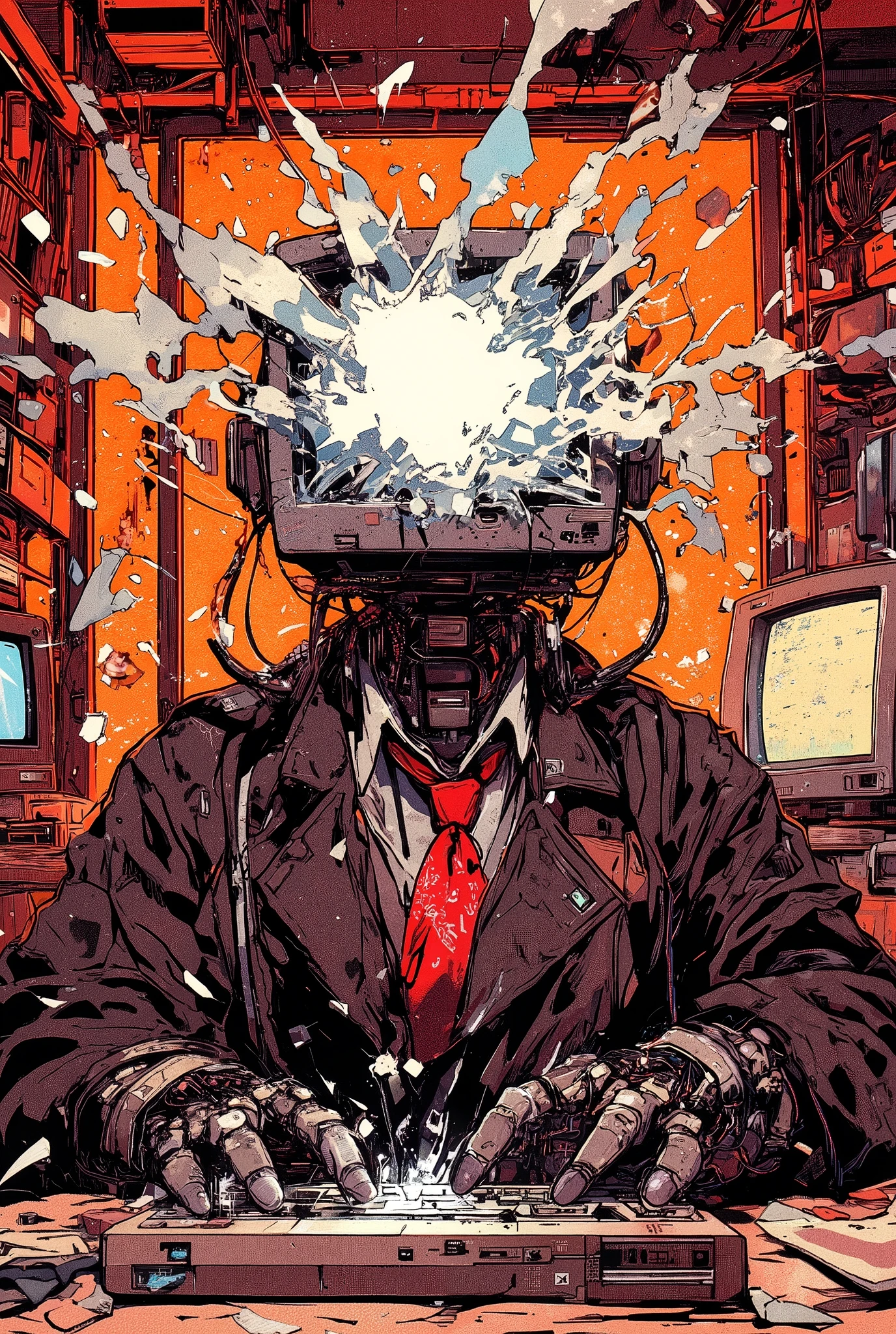 A mechanical humanoid figure with a large outdated computer monitor instead of a head.A living, three-dimensional human face, distorted by suffering, bursts out of the flickering screen, breaking the glass. The fragments fly in all directions. Detailed mechanical limbs and hands manipulating an antique keyboard. A dark, worn black jacket with a metallic sheen. A red tie in the style of a bandana. The setting is retro track style, full of clutter. Computer screens, various cables and tangled wires. Orange-red background with dim lighting. Sharp, contrasting lines and shadows. High-contrast color palette. Studio-style interior, slightly lowered viewing angle. Detailed elaboration of the lines. Cyberpunk, artbook style. Special attention is paid to intricate mechanical design and dedication. The intricate details of the wiring and mechanical parts create an irresistible atmosphere of concentration. The style of modern surrealistic digital art.