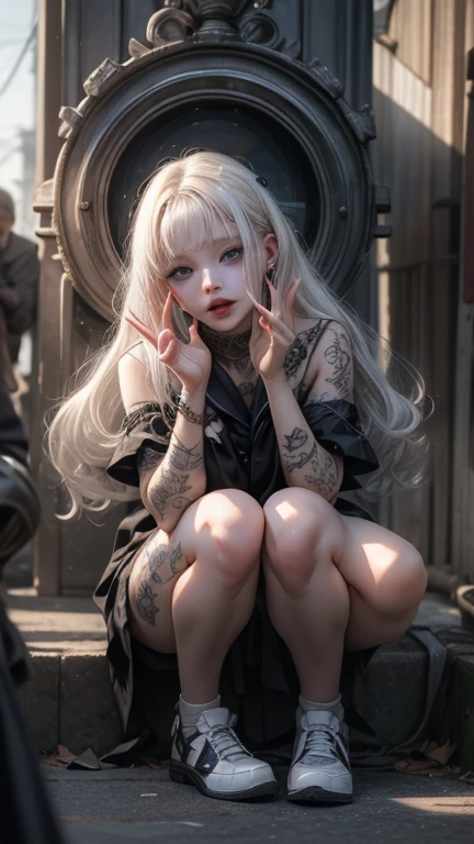 (High quality, Ultra detailed, best quality, insanely detailed,detailed beautiful, 4k,8k,16k:1.3),((1 slave girl:1.3),blind girl,blindness,:1.3),(white messy hair:1.2),(Bangs that cover one eye:1.4),(tattered clothes,micro miniskart,open chest:1.1),(full body,squatting down:1.1),(fighting pose:1.2),(shackles, shackles)
