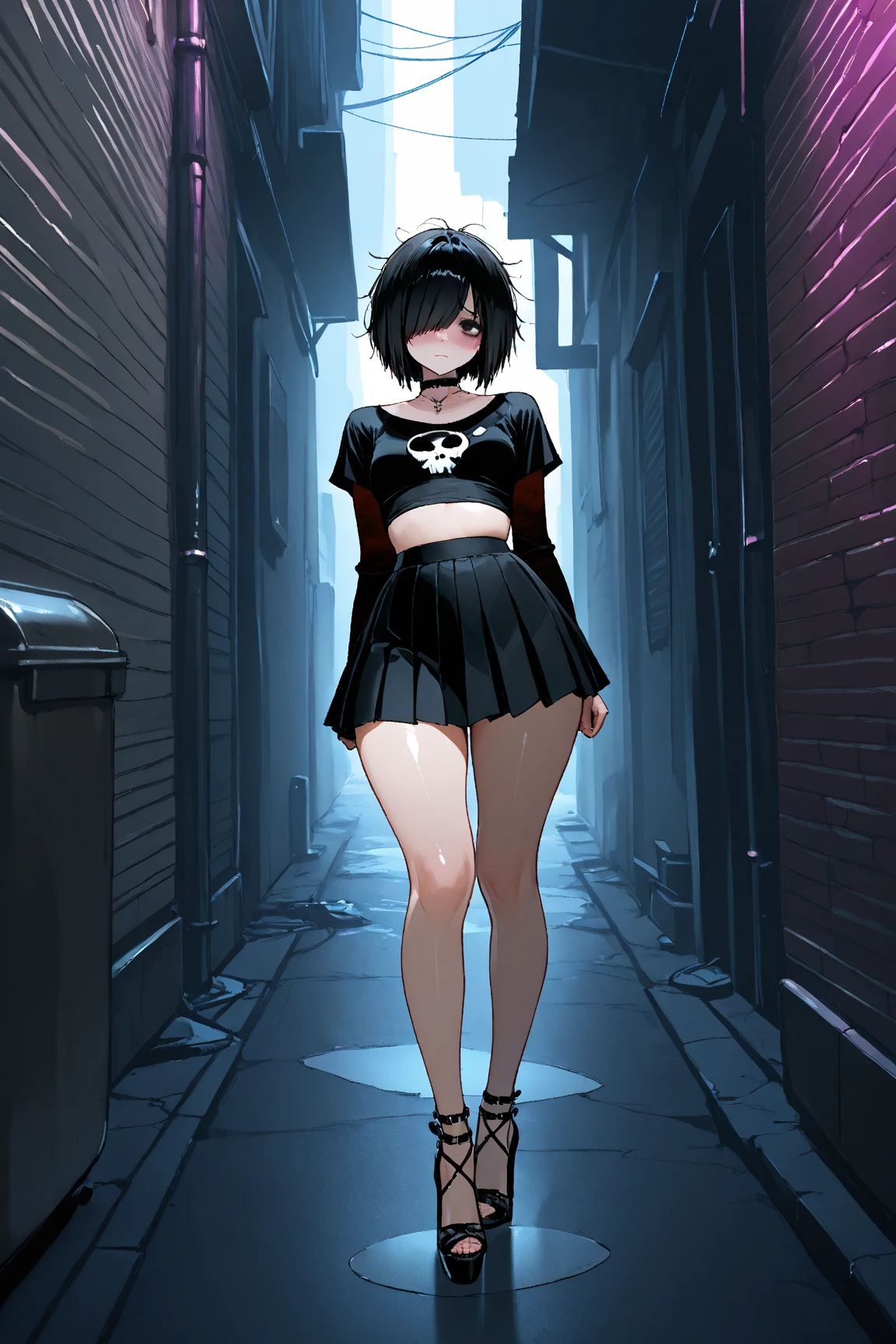 gothic chuca, with black skirt, mesh netting, gothic boots, taking a photo in his room