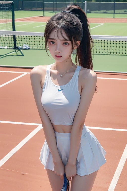 (8K, Raw photography, top-quality, masterpiece: 1.2), masterpiece, Super Detail, 超A high resolution, (Realistic and realistic photos: 1.37), high-definition RAW color photography, extremely delicate and beautiful, ighly detailed, astonishing, detaileds, extremely detailed eye, highlydetailed skin, extremely detailed fingers, highly detailed nose, highly detail mouth, perfect anatomia,1girl in, Blurry, Blurry background, Blurred foreground, blush, Colossal tits, depth of fields, Solo, Huge boobs、乃木坂アイドル、韓国アイドル、女優、20yr old、女優、hposing Gravure Idol、1girl in、Tennis Wear、Sleeveless、pleatedskirt、Ultra mini skirt、tennis coat、tennis
