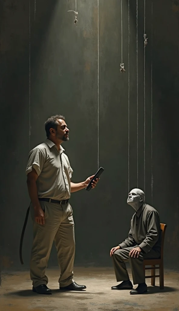 A terrified prisoner gripping a walkie-talkie in his trembling hand, his face contorted in fear. Behind him, a massive, grotesque horror looms, its monstrous form partially obscured by thick shadows. The walls of the prison cell are smeared with blood and grime, adding to the overwhelming sense of dread. The atmosphere is dark, gloomy, and filled with a creeping sense of terror. Style: horror, creepy, nasty. The scene is drenched in deep reds and blacks, with harsh lighting that accentuates the blood and terror. High detail and resolution