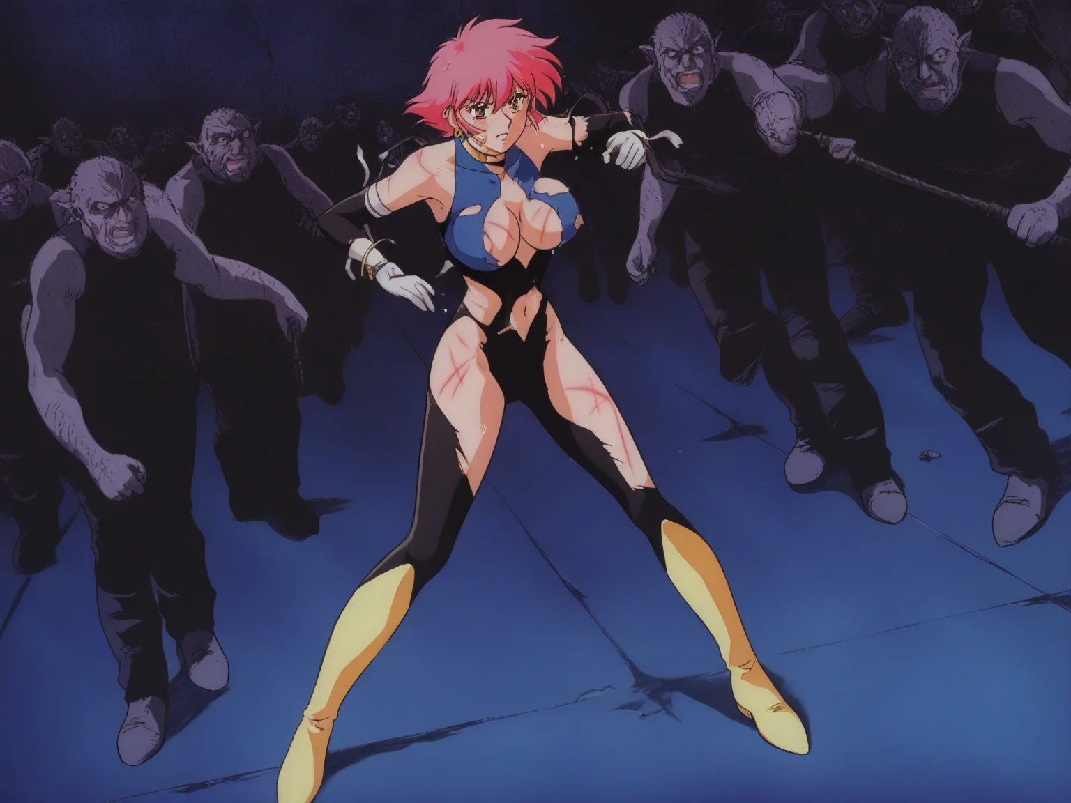 Create a dynamic artwork in a dark, horror comic book style. The scene depicts a hot, appealing 1girl waifu with a ponytail, wearing an armored bikini. She is shown in a torso shot, shooting through a broken window of a run-down house, with explosions around. The artwork should showcase intricate details and the girl should be looking directly at the viewer. The style should draw inspiration from HNK and 80’s anime, comic book style in HNKstyle, 80's anime style