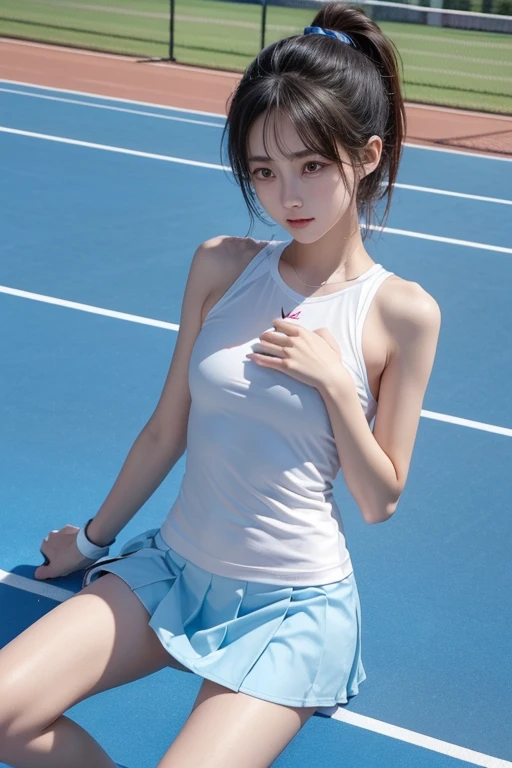 1 female badminton player,slim,thin,small head,small face,small breasts, White shirt,blue skirt,White socks,white sneakers,short ponytail,(vibrancy:1.3),badminton racket in hand,Exercising posture,jumping，(indoor stadio:1.5),cleavage,RAW photography, top-quality, A high resolution, (masterpiece), (Photorealsitic:1.4),foco nítido, 8K分辨率, intricately details, depth of fields, the Extremely Detailed CG Unity 8K Wallpapers, Frontlighting,