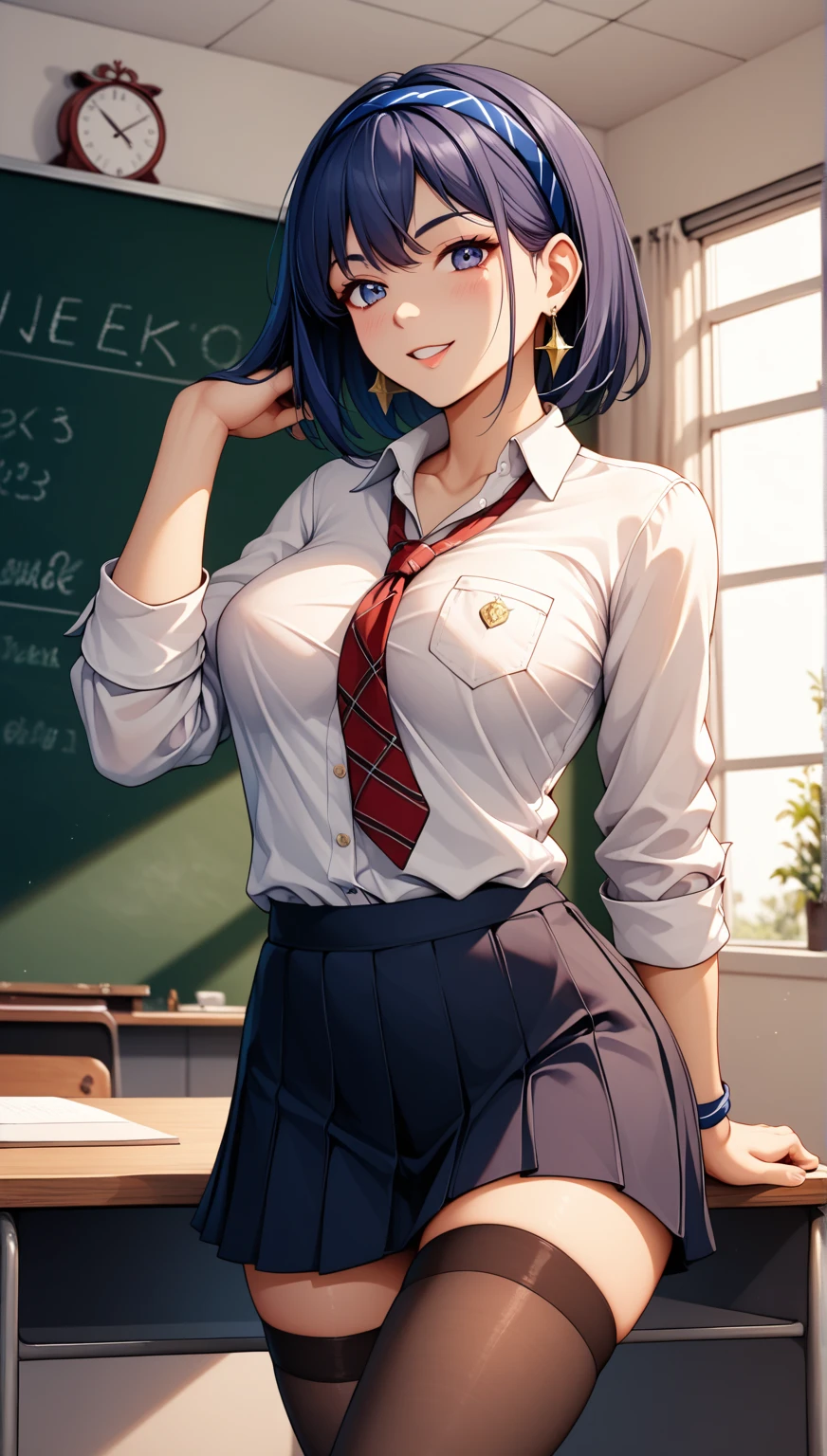 purple eyes, (highest quality, masterpiece painting:1.3), Oboro, mature woman, 26 years old, (half body shot:1.3), , school uniform, purple hair, short hair, layered bob hair, (big breasts:1.2), (tight waist:1.1), cleavage, perfect body, (athlete body:1.1), soft skin, anime face, perfect face, (perfect eyes:1.3), shining eyes, purple iris, anime eyes, smoky eyeliner, eye shadow, Asian, looking at the viewer, smart, whiteboard background, classroom, sharp focus, intricate details, professional artwork, (Bright colors:1.1), Bright colors, diffused lighting, digital blending, Super detailed body, ultra detail hair, super detailed face, It&#39;s trending on pixiv, top button opened, shy girl, Cute gaze, compensate, purple lipstick, perfect lips, perfect compensate, Super precise painting,
