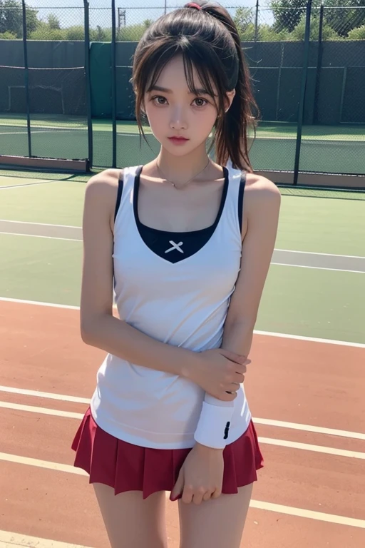 Highly detailed CG Unity 8K wallpapers, Highest quality, Very detailed, masterpiece, Realistic, photo Realistic, Very detailedかわいい, 20-year-old, Anatomically correct fingers、Perfect Fingers、(((Do-it-yourself skirt lift:1.2))), (Lift it yourself), Small white string panties、((blush)), ((Gaze Here))、(((Confused expression:1.4)))、((Tennis Wear))、Pleated mini skirt、Japan、Tennis court、Jet Black Hair、Ponytail hairstyle、White sneakers、(showing panties yourself)、