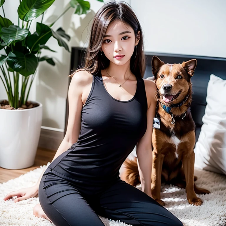 Realstic、high resolucion、a 1 girl、White wavy hair、Korea person、Heterochrome eyes、small moles under eyes、Loose white shirt、yoga pant、a large breast、Long legs、Feminine abs、camel-toe、Bitten lip sexually