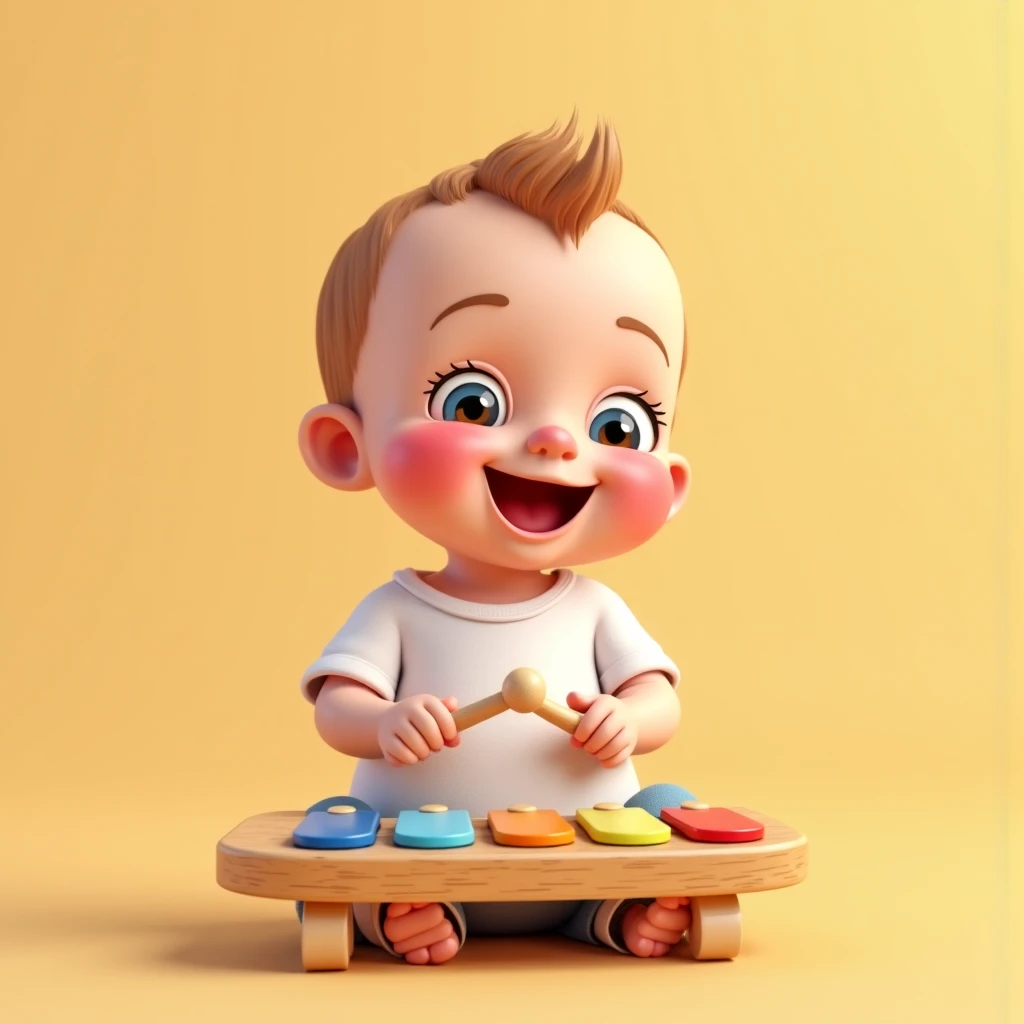 Cute 3D rendering style,Tide play style，Little boy with a paintbrush，Wearing a white T-shirt，Black hair，Black eyes，Wear shoes，Happy expression，8K quality，high quality，Soften Tone，Repair face and hands,  taking permission for playing from parents, asking to mother  