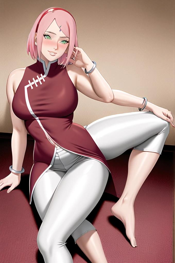 masterpiece, absurdres, 1 girl, anatomically correct, haruno sakura, mark on forehead, red headband, red sleeveless dress, white pants, navel, groin, bracelet, look at the viewer, smile, (BishoujoMom: 1.5), very see-through red dress, legs spread wide, ((thick thighs, hourglass figure)), (topless), 1.5) ((thick red lips), masterpiece, high contrast, detailed, skin texture, hyper detailed, MILF, small tits, big ass, sitting on the floor, legs spread out wide, showing camel toe, aroused, blush, embarrassed, gorgeous, curvy MILF, photoshoot, naughty poses, anatomically accurate, seducing viewer