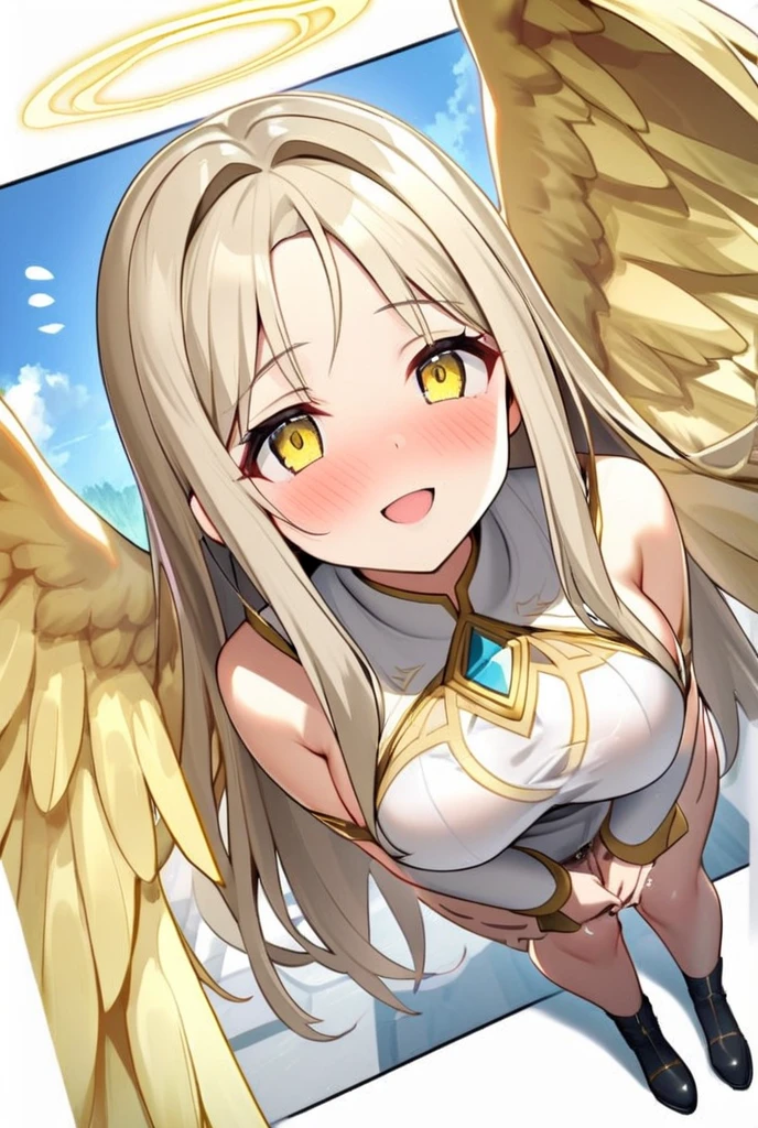 (kinako_(shiratama_mochi) style, ((topless)), nsfw, masterpiece, 1 girl, nipplricately detailed, topless, navel, bare shoulders, necklace, blonde, long hair, white thong, angel wings, flying, extremely detailed, unreal engine, bare breasts, pufles, blues, exthand, sky, fantasy, enchanted, angel, bare stomach, sweaty, , small breasts, flat chest, arm strapbody, halo, wings, feathers, light, smiling, outdoors, bangs between eyes, hair ornament, flat chest, white sarong, gold thigh strap, young girl, hand cuff, chain, barefeet