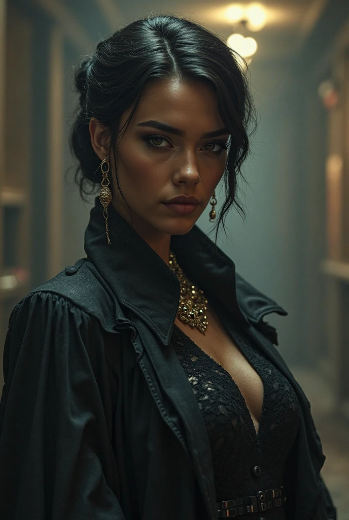 (Best quality, Ultra-detailed, Golden ratio, Masterpiece: 1.3), Noir-inspired lighting: 0.8, Photo of a woman, portrayed as a detective, donning a sharp and stylish trench coat and fedora. Perfect rare face, (Highly detailed skin), short, wavy hair with a sleek, polished look. She stands confidently in a dimly lit room, silhouetted by the faint light from a single, hanging bulb. Her eyes, sharp and piercing, are focused intently on a clue on the table before her. The texture of her skin is smooth and flawless, exuding an air of sophistication and