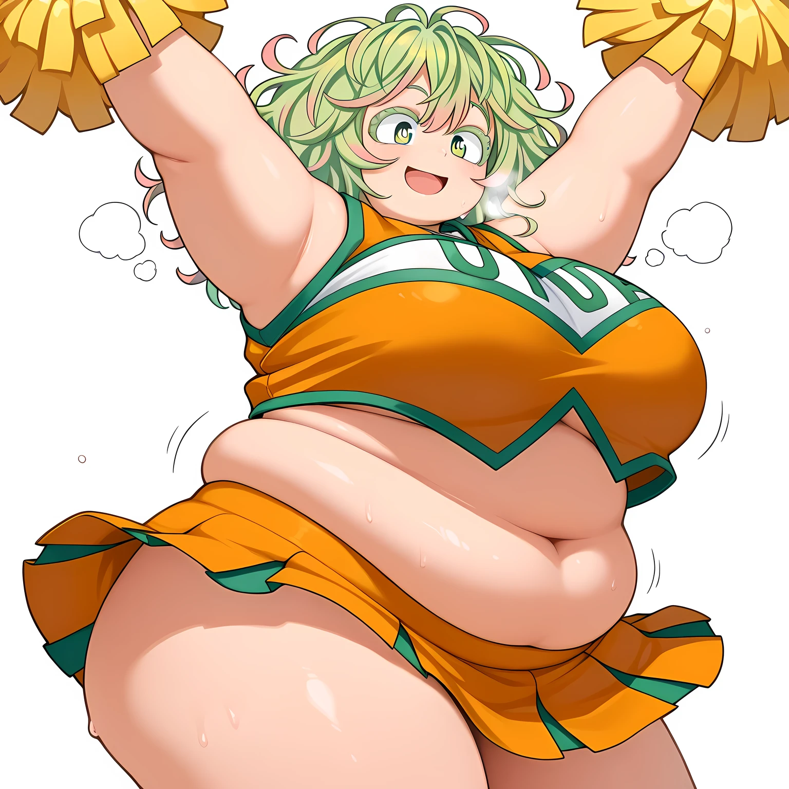1girl, solo,
t00ru, thick eyelashes, green hair, messy hair, multicolored hair, pink hair, colored eyelashes, green eyes,
u.a. cheerleader uniform, pom pom \(cheerleading\), orange cheerleader, arms up, smile, simple background, white background, jumping,, masterpiece, best quality, amazing quality fat, chubby, obese, gigantic arms and legs, large breasts open mouth, out of breath