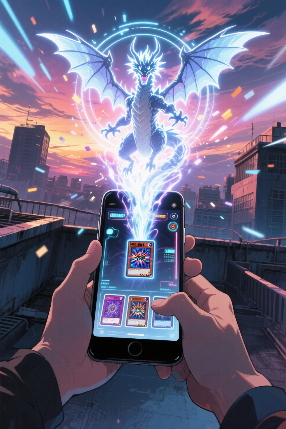 POV shot of a person holding a smartphone during a futuristic card game battle, viewed from first-person perspective, with glowing trading cards displayed on the screen, one card being activated and projecting a massive holographic creature into the air, inspired by Yu-Gi-Oh!’s solid vision system

a dragon-like monster bursts upward in a swirl of glowing light and magical energy, wings spreading wide as magic circles pulse around it, particles and light rays flying out from the screen, the phone held in slightly trembling hands, dramatic tension in the moment of summoning

urban rooftop at dusk in the background, with wind blowing and a cinematic sunset sky, vibrant colors, detailed light effects, holographic interface elements, highly detailed anime-style illustration, ultra-realistic POV immersion, trending on ArtStation, best quality, aidmamj6.1