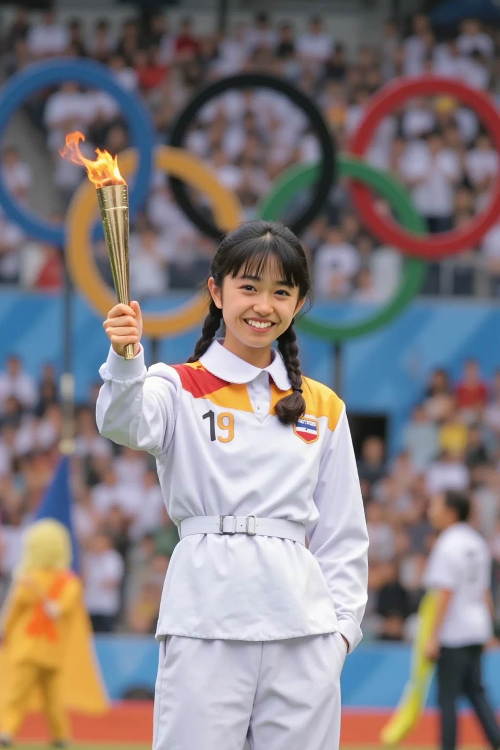 Hand holding an Olympic torch, access and beautiful in the spotlight 