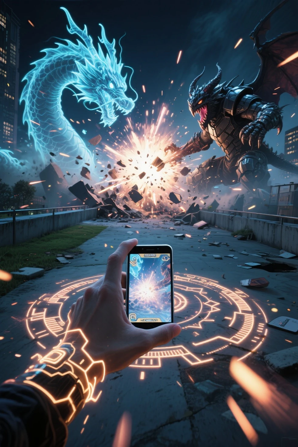POV shot of a person holding a smartphone during a futuristic card game battle, viewed from first-person perspective, with glowing trading cards displayed on the screen, one card being activated and projecting a massive holographic creature into the air, inspired by Yu-Gi-Oh!’s solid vision system

a dragon-like monster bursts upward in a swirl of glowing light and magical energy, wings spreading wide as magic circles pulse around it, particles and light rays flying out from the screen, the phone held in slightly trembling hands, dramatic tension in the moment of summoning

urban rooftop at dusk in the background, with wind blowing and a cinematic sunset sky, vibrant colors, detailed light effects, holographic interface elements, highly detailed anime-style illustration, ultra-realistic POV immersion, trending on ArtStation, best quality, aidmamj6.1