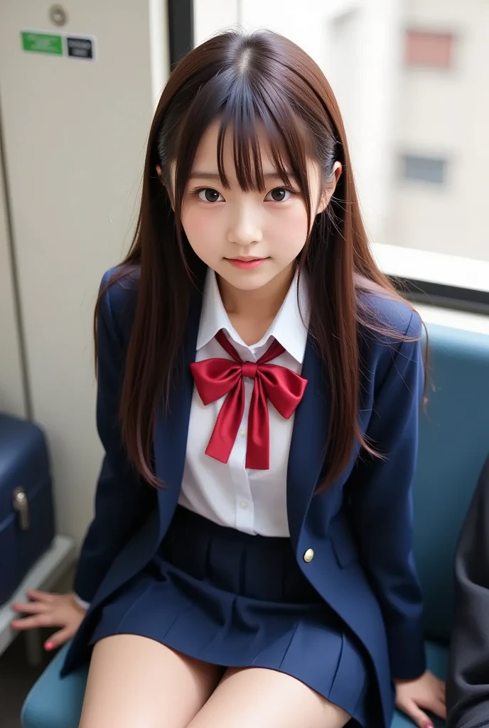 ((8k, RAW photo, top quality, masterpiece), HD RAW color photo professional close-up photo, (realistic, realistic: 1.37), (highest quality), (best shadow), (best illustration), collarbone ((large)), (super high resolution, HD CG unified 8K wallpaper, physically based rendering, cinematic lighting), (aegyo sal: 1), 18 year old girl, (blue blazer, ribbon, socks, high school uniform: 1.2), high school classroom, Beautiful details eyes, light on the face, ((Full body lens: 1.2)), extra bright light, (upper eye, grin: 1.2), shiny skin, (((Brunet, Bob hair: 1.2))), (thick thighs), ulzzang-6500-v1.1: 0.2, shy, (flash: 1.2), NSFW, (puffy), (seductive pose: 1.2, charming: 1.2)), (idle), (good anatomy: 1.2)), (bright and refreshing classroom, background blurred: 1.2)), perfect face, cute face, (high angle shot: 1.2)