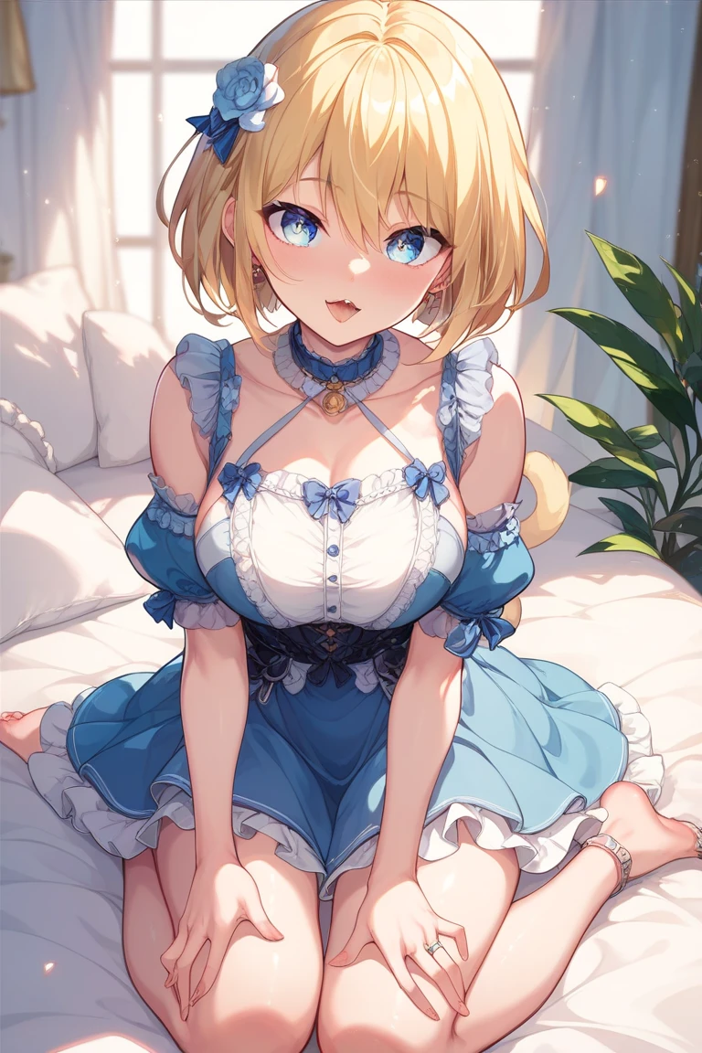 (masterpiece:1.2), (highest quality:1.2),, Curvy but slender body, perfect eyes, perfect face, perfect lighting, 1 girl, in the garden, （whole bodyが見える），（cute pose），（ruffle dress），（Exposed），long hair, curly hair, Fine clothes, Detailed outdoor background, compensate, eye shadow, thick eyelashes, fantasy, looking at the viewer, whole body，alice in wonderland、blue sky、Bright and very beautiful face、young shiny glossy white shiny skin、the best beauty、The most beautiful bright blonde hair in the world、thin hair、short hair、Shining beautiful bangs、Glowing crystal clear big blue eyes、Very beautiful lovely 17 year old most beautiful girl in the world、ample breasts