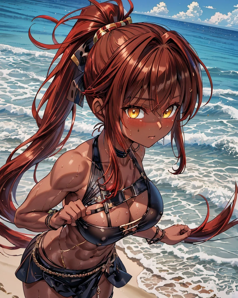 (:1.4), abs, stinger, manticore, long spiky hair, (spiky hair, brown skin, tan, wings, cowboyshot, desert, sand, sun rays, smug smile, midget, abs, wide hips, short stack, fangs, claws, jacket, headband, red hair, badge on arms, boxer, messy hair, lion ears, lion mane, brown skin, dark skin, (messy spiky hair:1.5), biker shorts, bandage bra, short stack, shorty