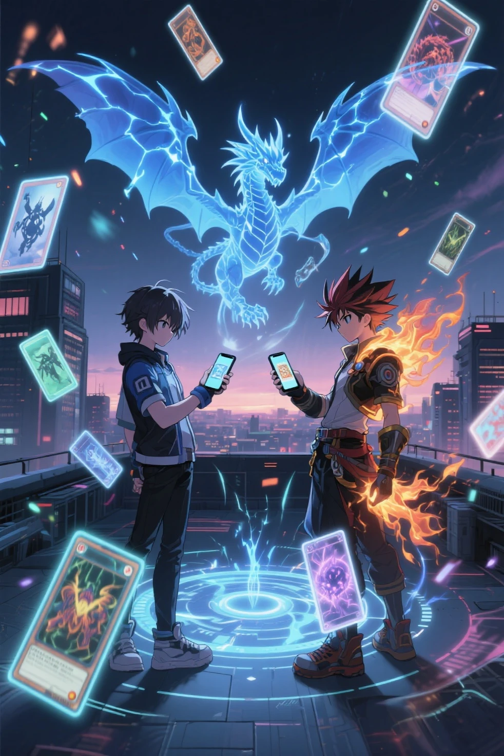 POV shot of a person holding a smartphone during a futuristic card game battle, viewed from first-person perspective, with glowing trading cards displayed on the screen, one card being activated and projecting a massive holographic creature into the air, inspired by Yu-Gi-Oh!’s solid vision system

a dragon-like monster bursts upward in a swirl of glowing light and magical energy, wings spreading wide as magic circles pulse around it, particles and light rays flying out from the screen, the phone held in slightly trembling hands, dramatic tension in the moment of summoning

urban rooftop at dusk in the background, with wind blowing and a cinematic sunset sky, vibrant colors, detailed light effects, holographic interface elements, highly detailed anime-style illustration, ultra-realistic POV immersion, trending on ArtStation, best quality, aidmamj6.1