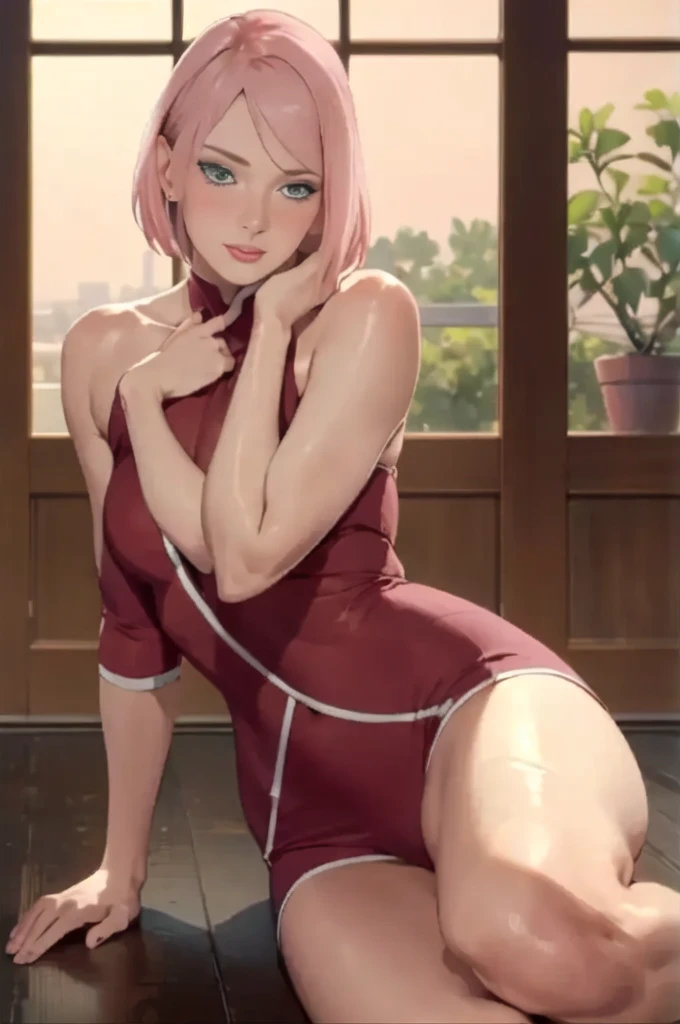 Sakura haruno, NSFW, ojos verdes , (Mejor calidad), parada, panties en las piernas, pecho desnudo, bragas blancas, sexy nude