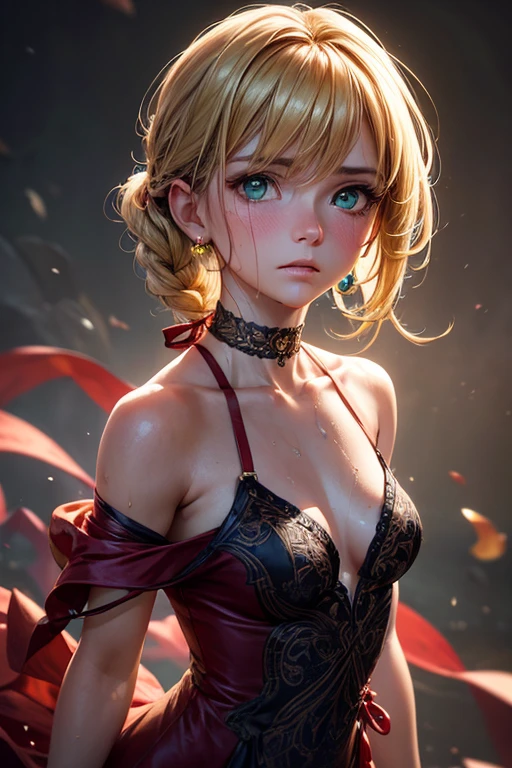NSFW, (8k, RAW photo, 最high quality, masterpiece:1.2), High-definition RAW color photo, Professional photo shoot, cinematic light, alone, (((young woman))), (detailed expression), (small face), (high detail skin:1.2), clavicle, cute face, beautiful appearance, long eyelashes, (blonde, twin tails, blue eyes), ((blue ribbon, red glowing earrings)), attractive big breasts, (slim body shape:1.4, A woman with a slender figure and big breasts), very detailed顔と肌の質感, fine eyes, double eyelid, (((embarrassing:1.5, anxious look))), ((facing the front:1.2)), (Low - Angle:1.5, photo shootのためポーズをとる, sexy pose)), (magic hour:1.5), pleasure and excitement, sweating:1.37, ((sexy shot, Underwear with delicate decorations, See-through lingerie:1.1, red lingerie)), ((perverted slut:1.1)), garden, garden background:1.5, Pose to take off panties:1.2, (((undressing, panty pull:1.2))), beautiful skin, shiny skin, perfect fingers, five fingers, anatomically correct, background bokeh, high quality, surreal, bright colors, ((f/1.2, Nikon, lens flare, very detailed, photo shoot)),