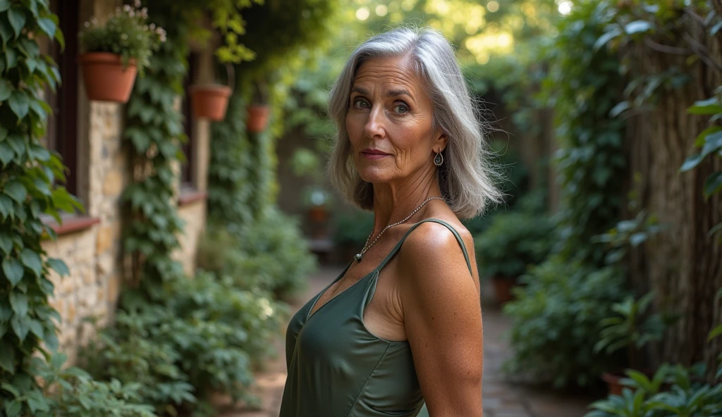 (50 year old Spanish woman, wrinkles, grey hair, curvy, big breast, slim, long wavy hair, big brown eyes, thick lips) green tank top, white shorts, soft backlighting, shallow depth of field, eye-level shot, looking back, slight twist, hand on hip, sunlit trees, blurred foliage, outdoor setting