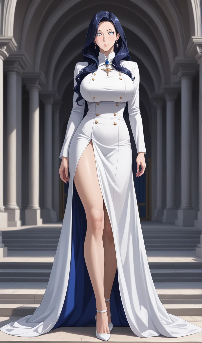 ((Full body photo, standing, feet on the floor)) rwby, weiss schnee, stanley lau, 1girl, blue eyes, cropped jacket, dress, earrings, high collar, high heels, jewelry, long hair, long sleeves, looking at viewer, magic circle, necklace, parted lips, pendant, petticoat, ponytail, realistic, scar, scar across eye, scar on face, side ponytail, solo, thighs, tiara, very long hair, white dress, white hair